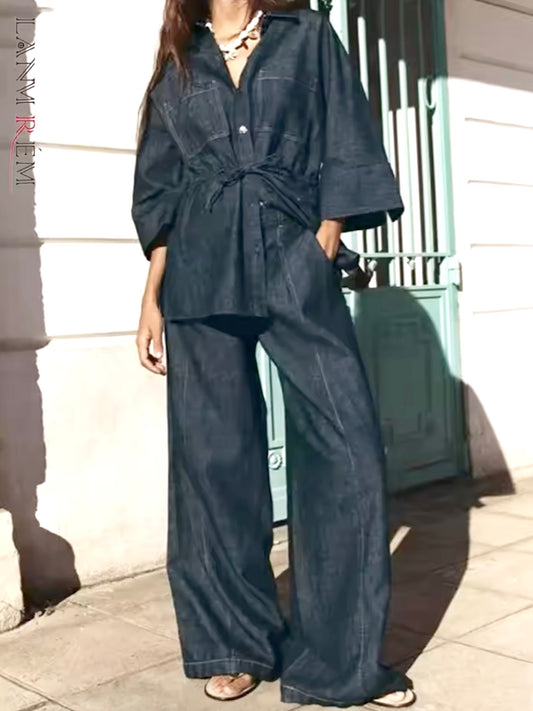 Dark blue denim straight pants and shirt set