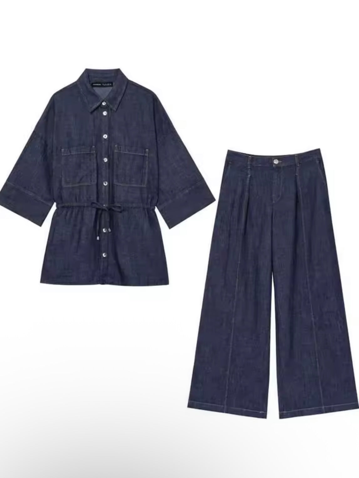 Dark blue denim straight pants and shirt set
