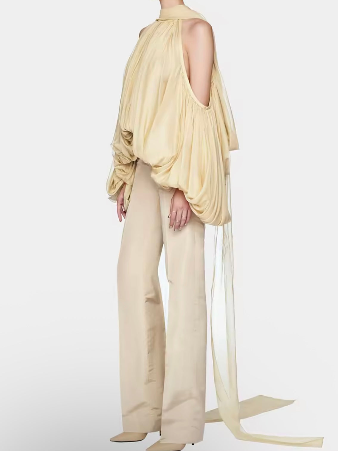 Beige off shoulders pleated bomber top