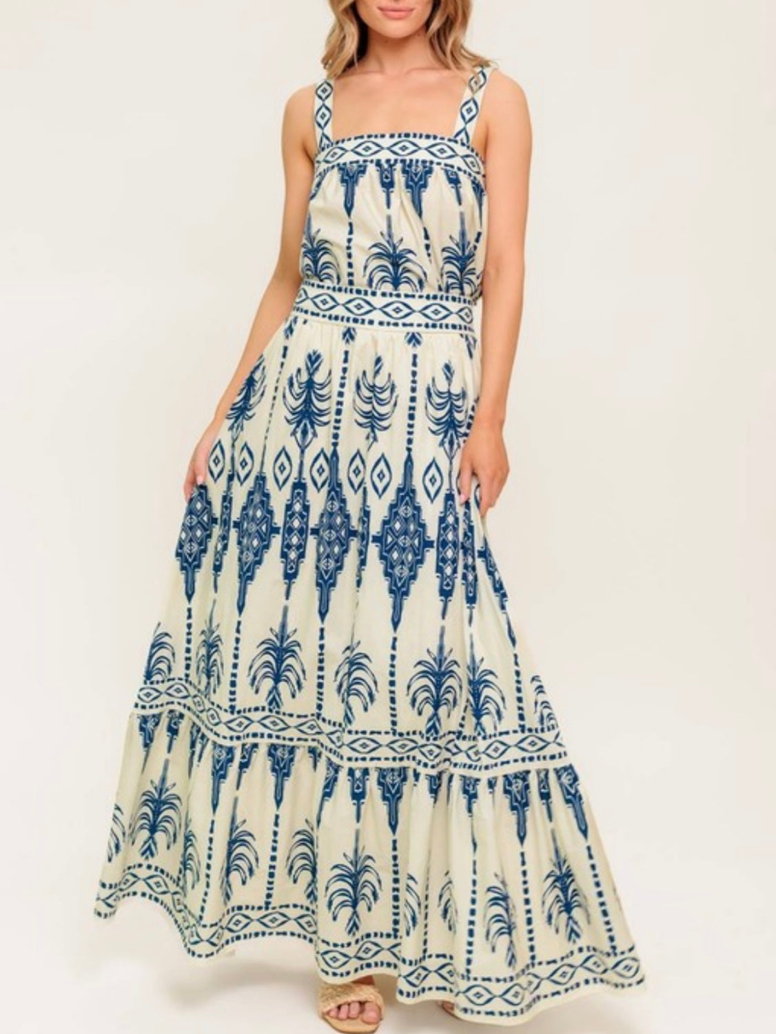 Beige and blue printed set of 2 top and skirt