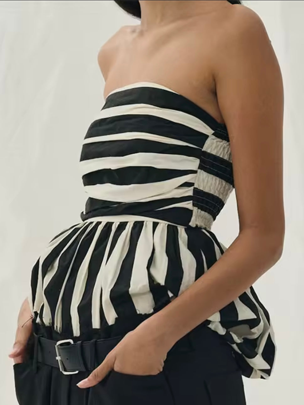 Black and white striped fabric strapless top