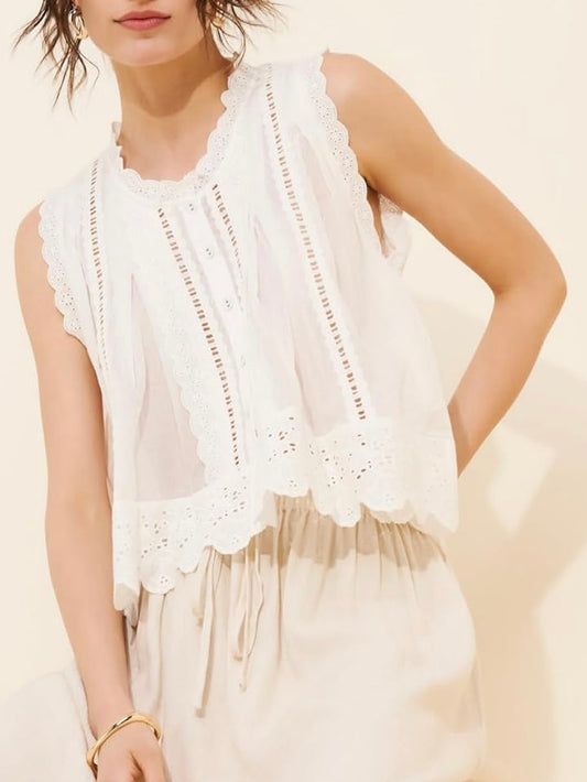 White sleeveless lace loose fit top