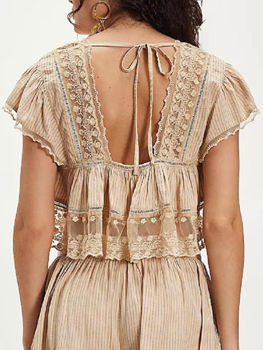 Beige lace and ruffled crop top