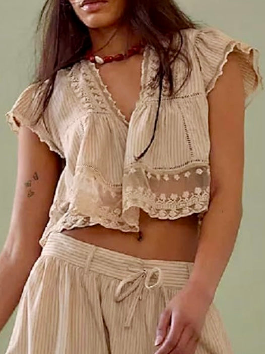 Beige lace and ruffled crop top