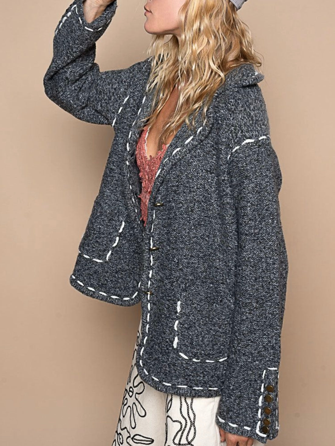 Dark gray seams details cardigan jacket