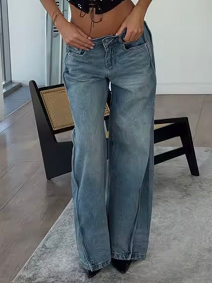 Mid blue seams side loose leg pants
