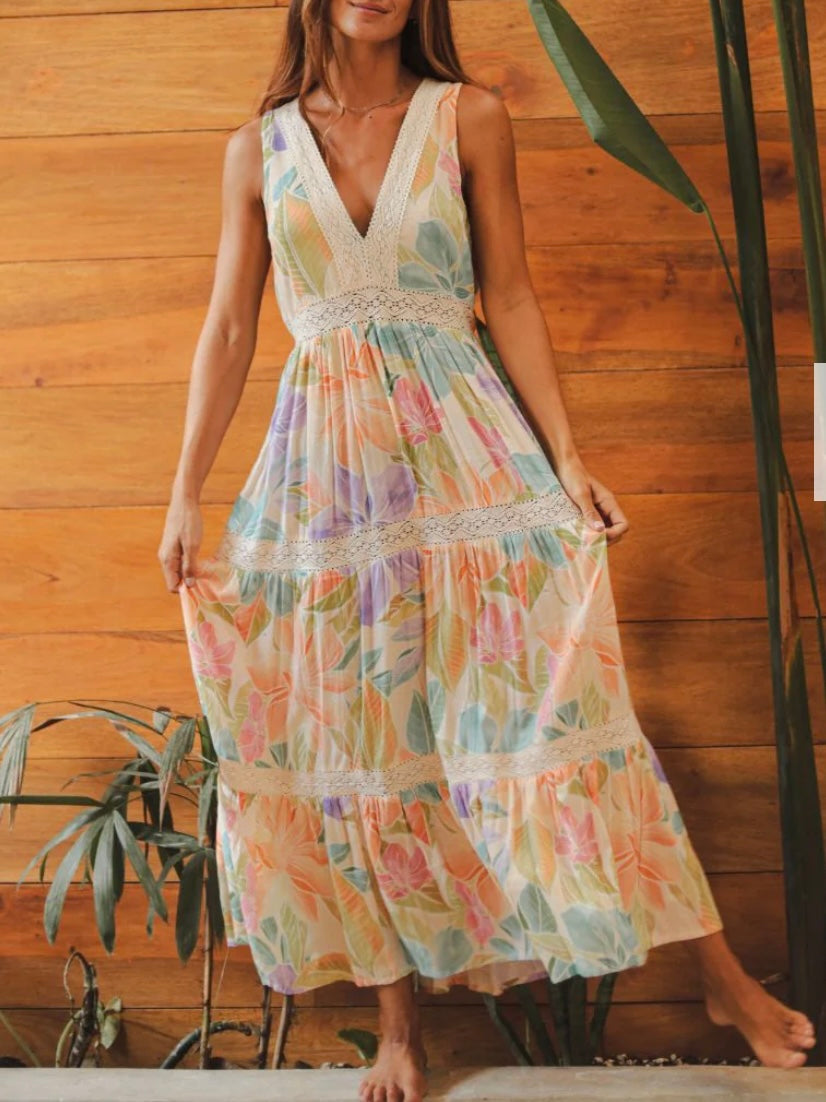 Multicolor printed sleeveless maxi dress