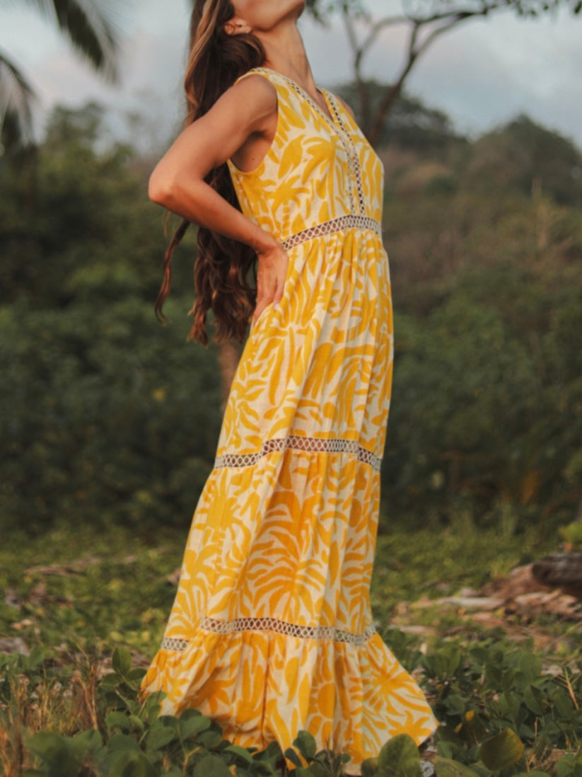 Yellow printed sleeveless maxi dress