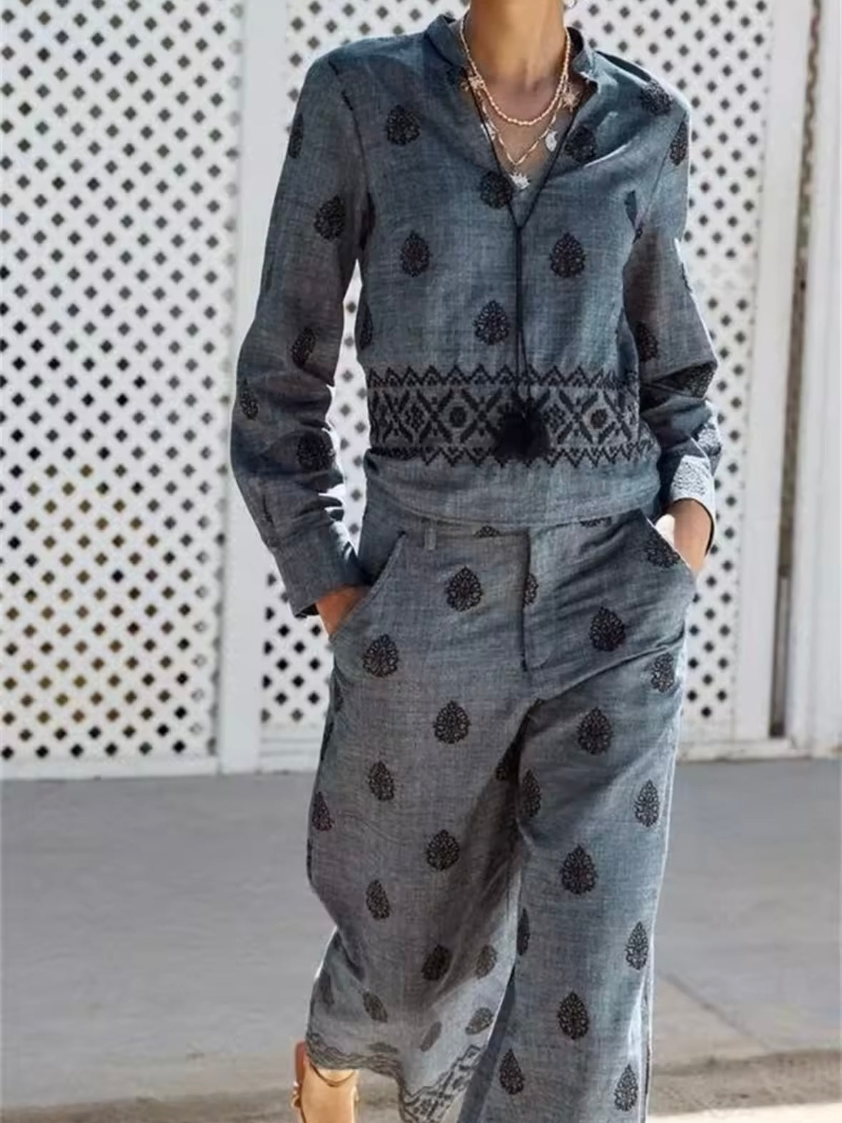 Dark blue and black embroidered details straight pants and shirt set