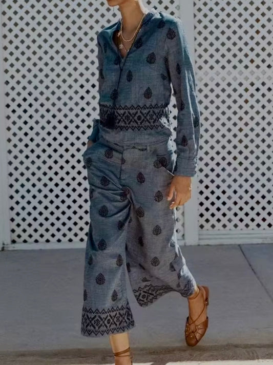 Dark blue and black embroidered details straight pants and shirt set