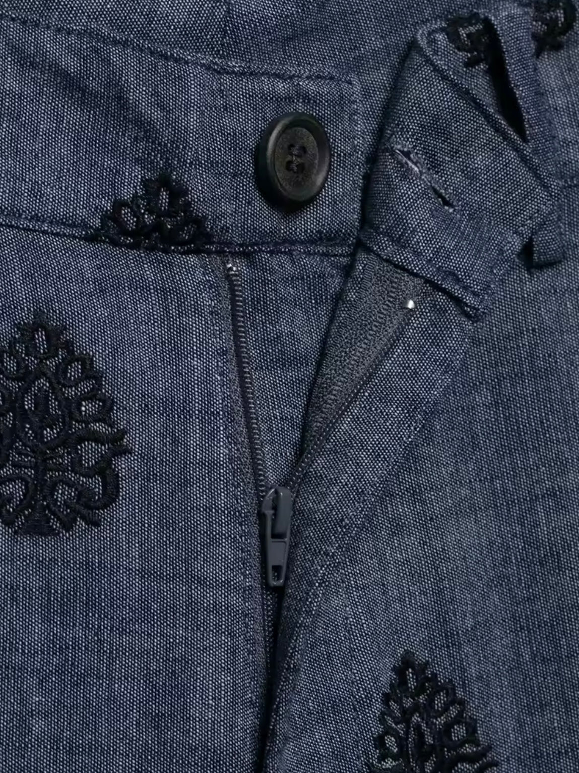 Dark blue and black embroidered details straight pants and shirt set