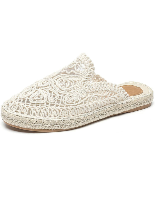 Beige floral embroidered espadrilles flats mules