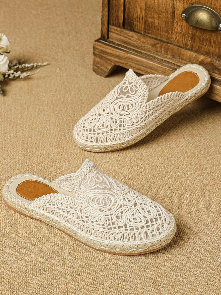 Beige floral embroidered espadrilles flats mules
