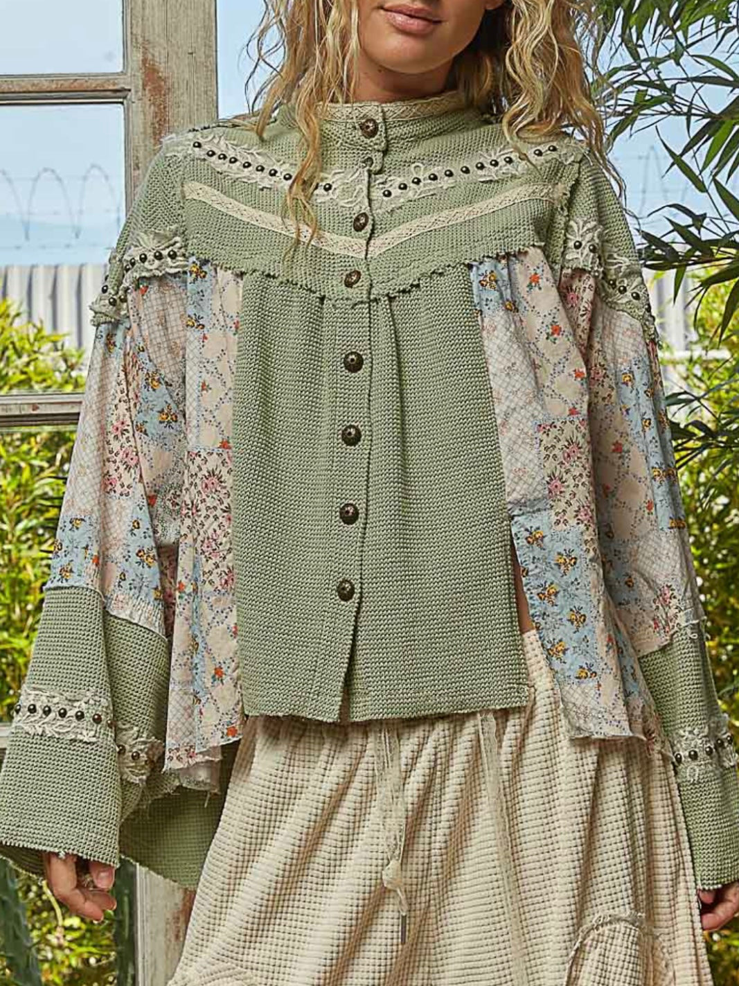 Green and beige mix fabrics shacket - shirt