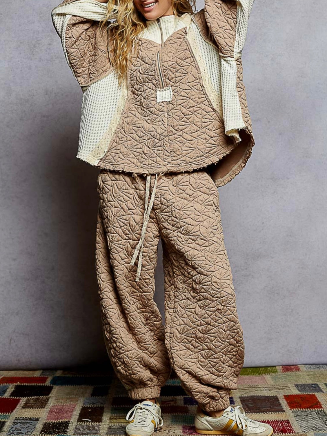 Beige Set quilted cargo patched jacket and pants