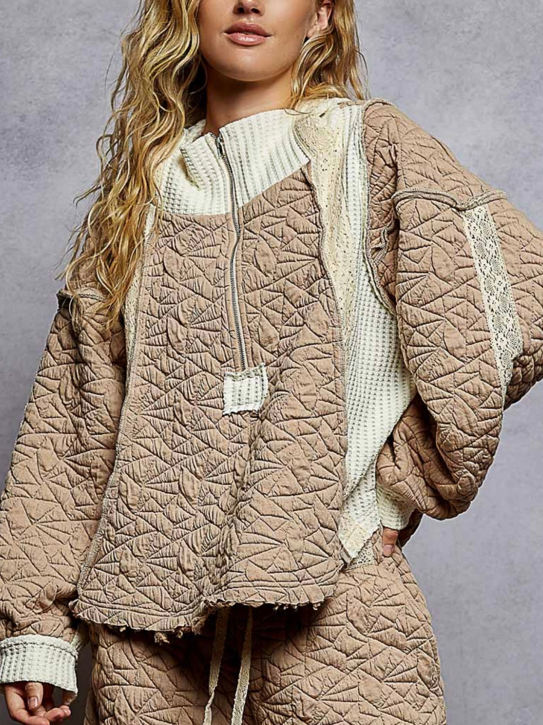 Beige Set quilted cargo patched jacket and pants