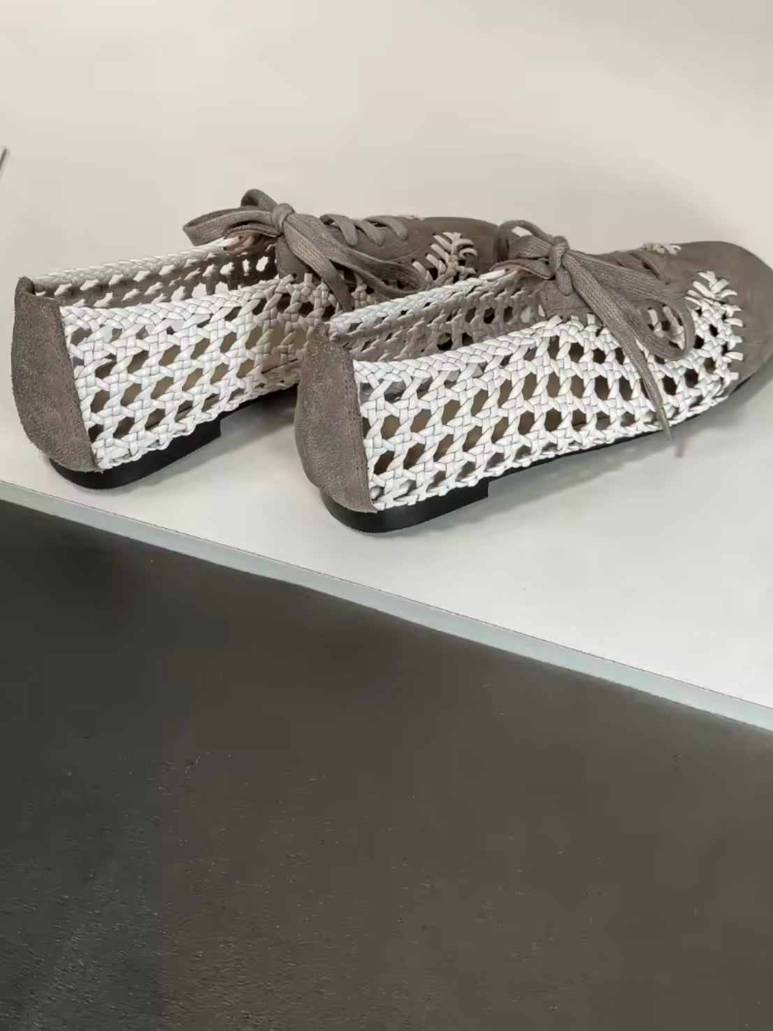 Ballet gray and brown net lace up flats shoes