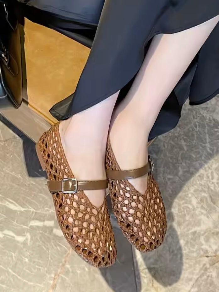 Brown chocolate Ballet net straps flats shoes