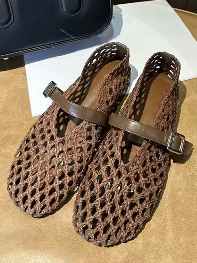 Brown chocolate Ballet net straps flats shoes