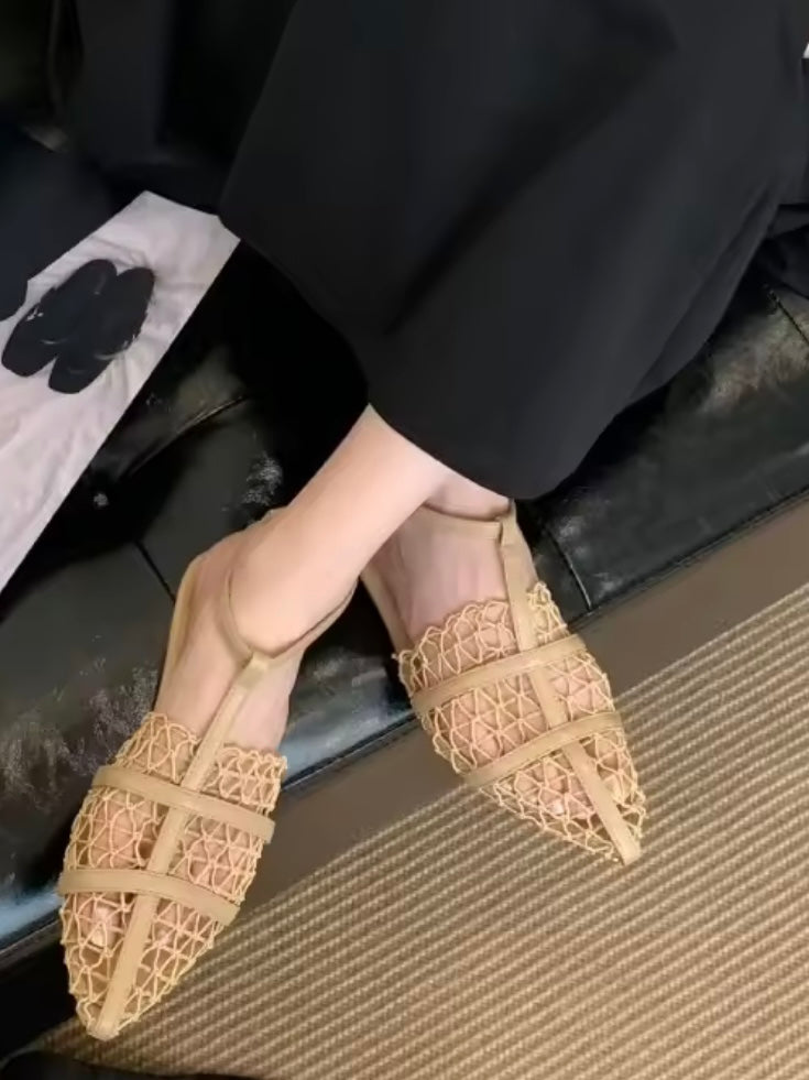 Pointed Solid colors net flats shoes ankle strap