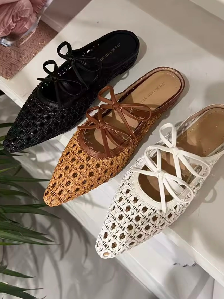 Pointed Solid colors net mule flats shoes ankle strap