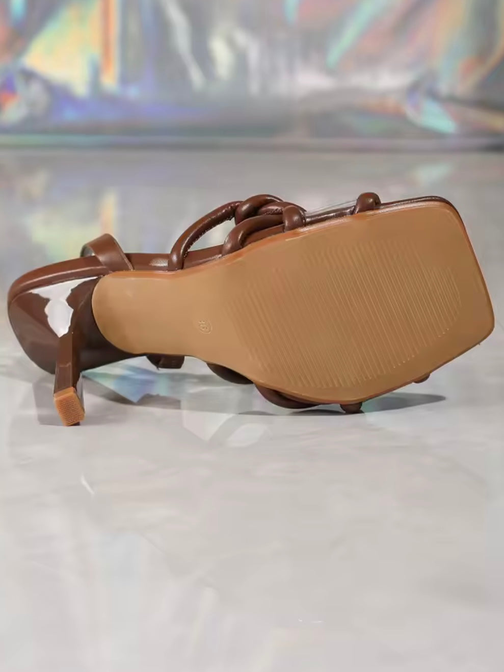 Dark brown straw high heels crossed straps sandals