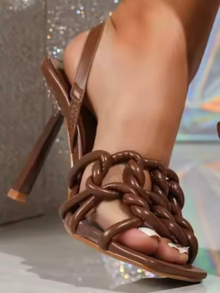 Dark brown straw high heels crossed straps sandals