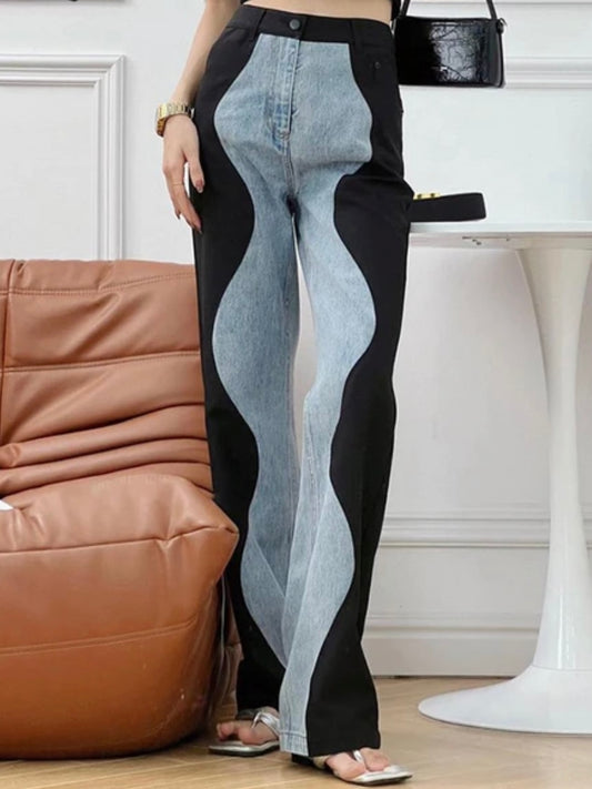 Blue jeans and black wavy straight pants