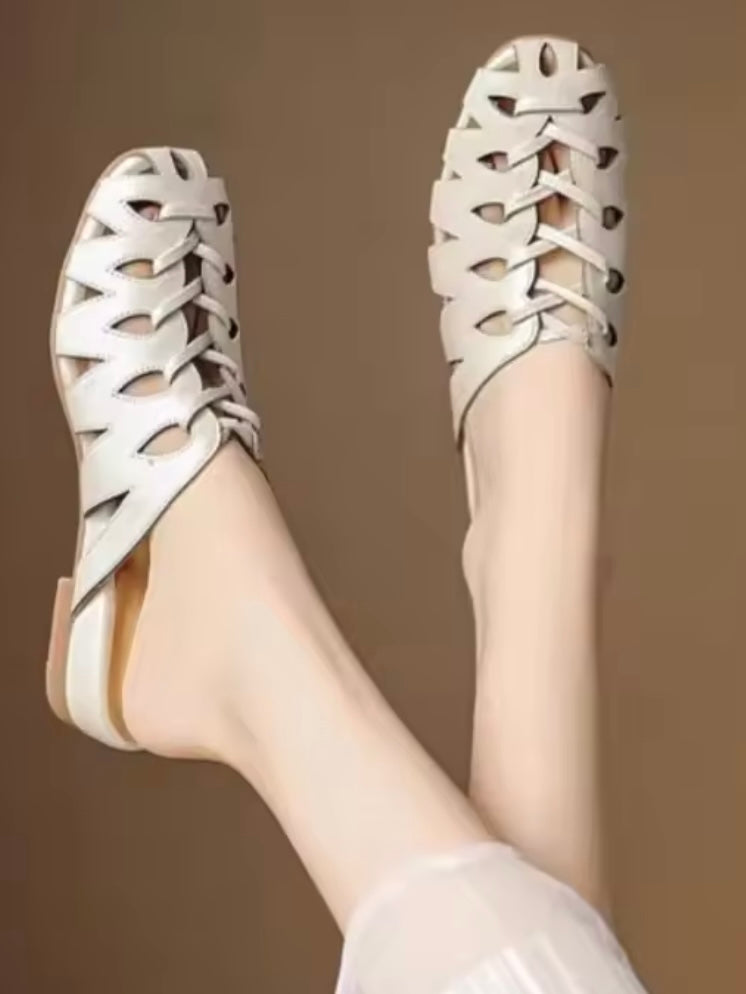 Black and beige net rounded slippers flats shoes