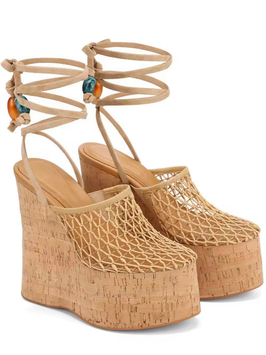 Beige Gladiator net high heels platform shoes