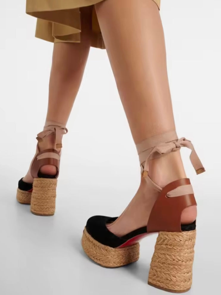 Black adjustable ankle laces high heels espadrilles