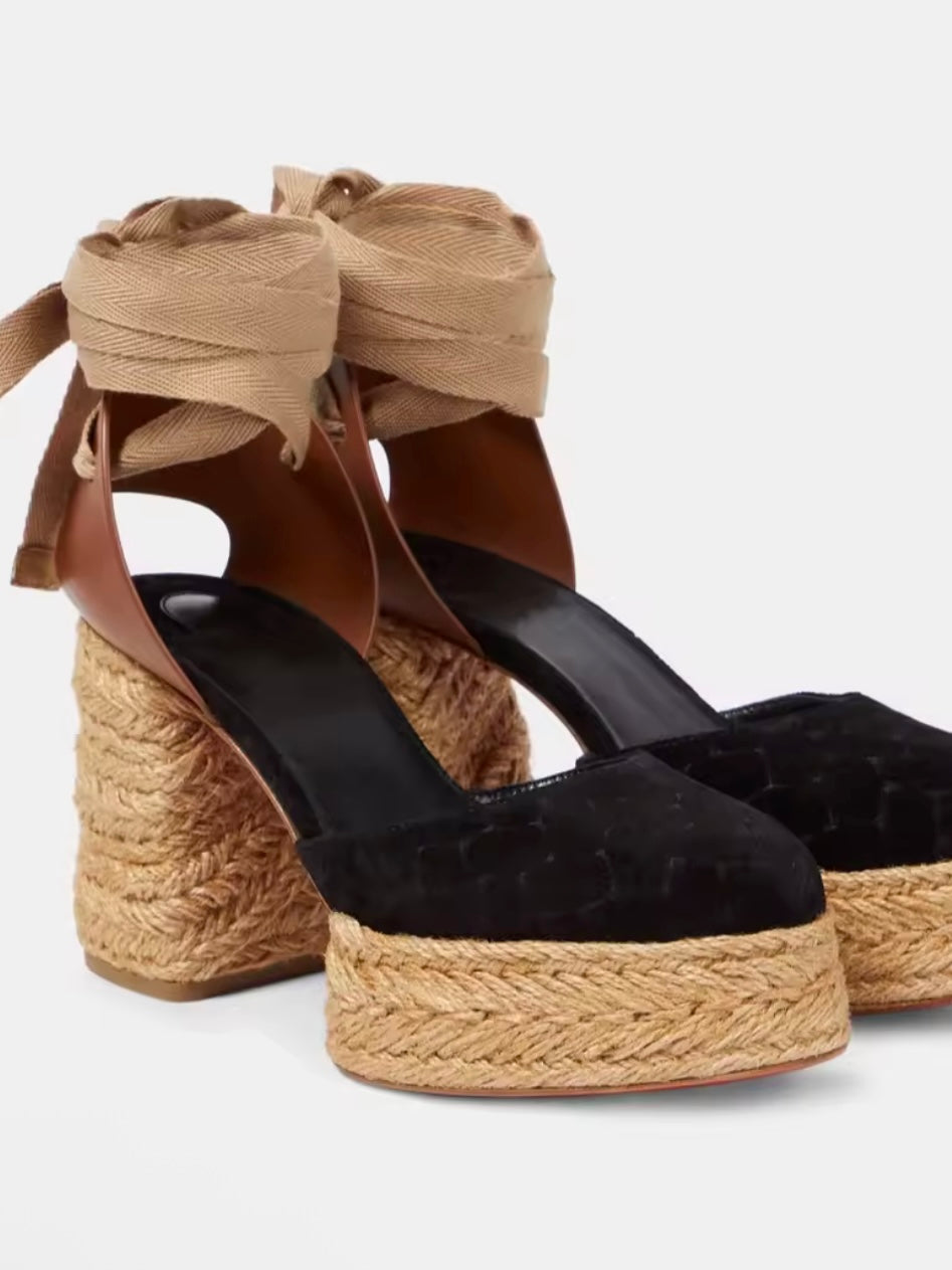 Black adjustable ankle laces high heels espadrilles