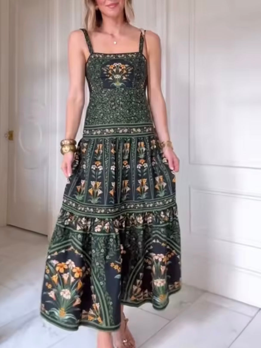 Green floral printed sleeveless maxi dress