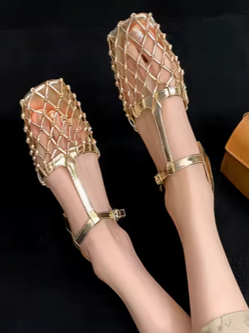 Square Solid colors net shoes ankle strap