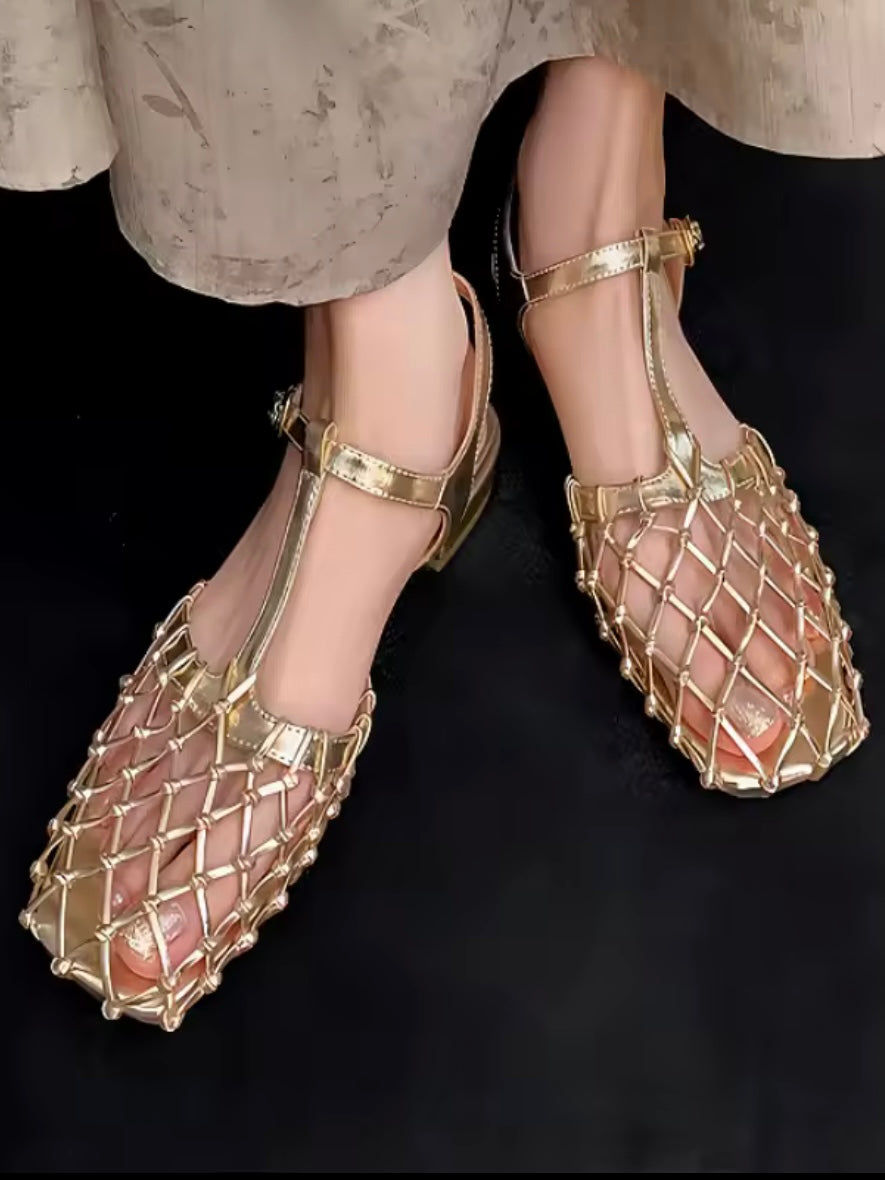 Square Solid colors net shoes ankle strap