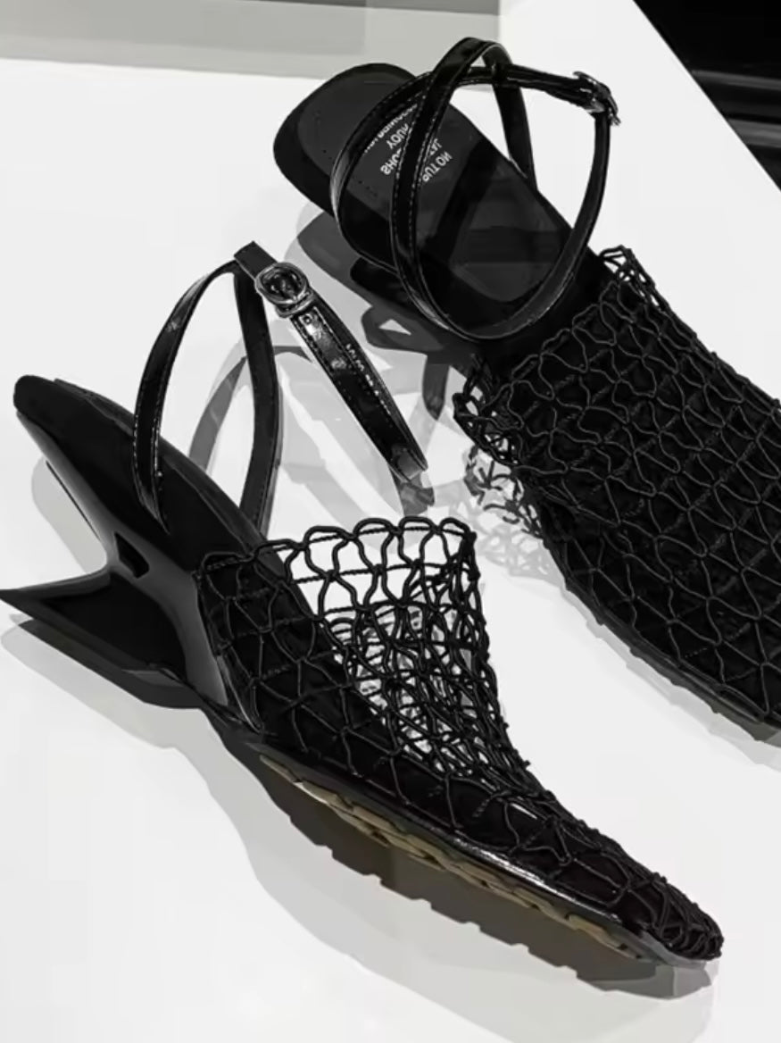 Square Solid colors net shoes triangle heel ankle strap
