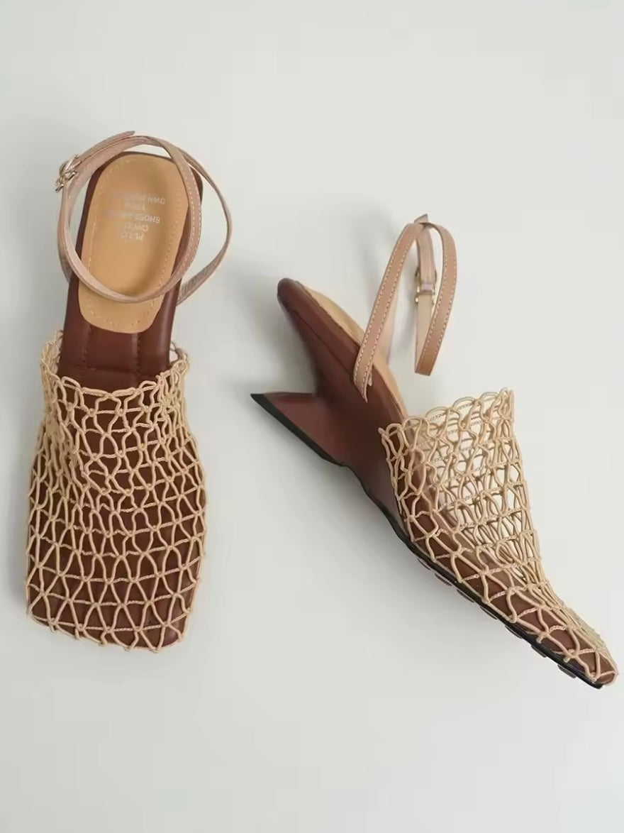 Square Solid colors net shoes triangle heel ankle strap