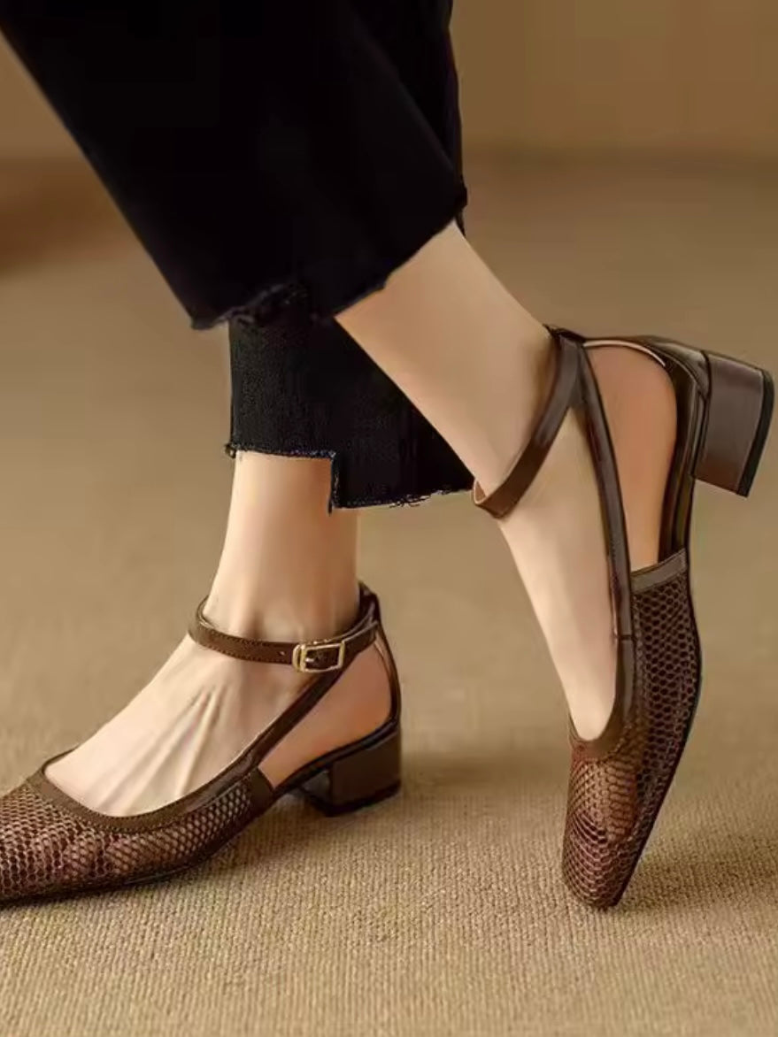 Square black and brown net shoes ankle strap