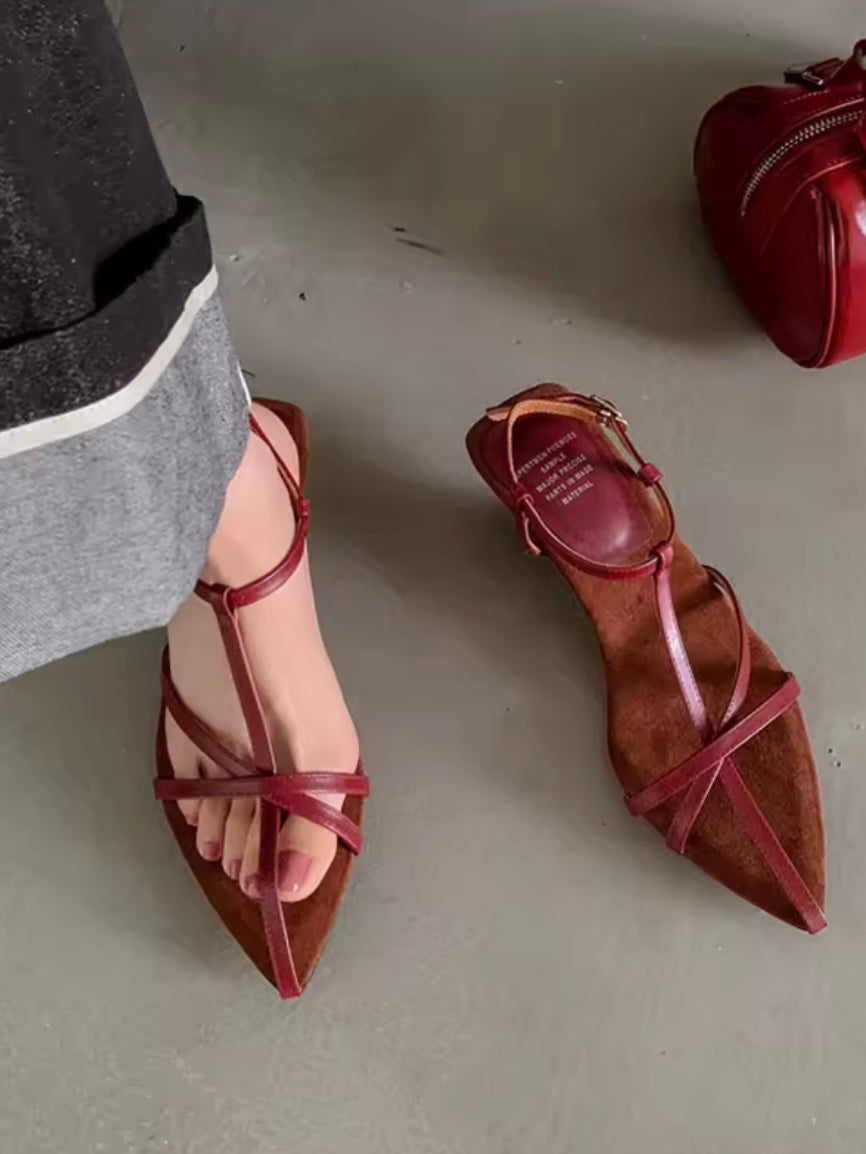 Pointed solid colors shoes straps triangle low heel sandals
