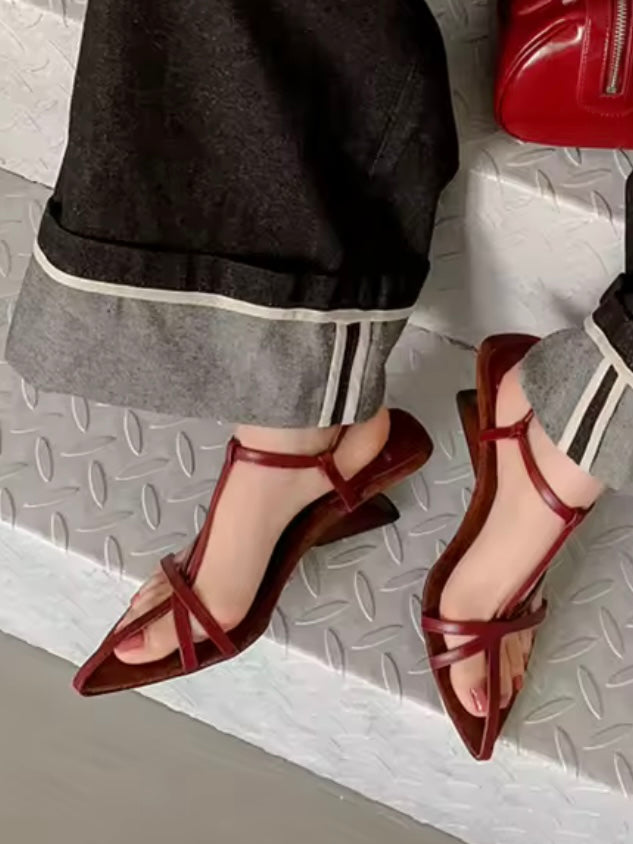 Pointed solid colors shoes straps triangle low heel sandals