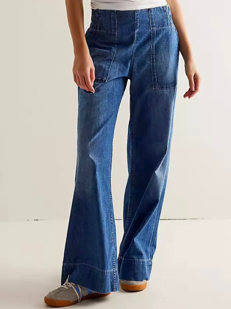 Solid colors straight cut patched pockets denim pants