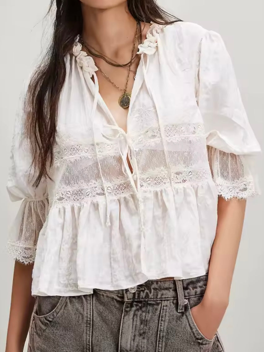 Solid colors lace and ruffled crop top