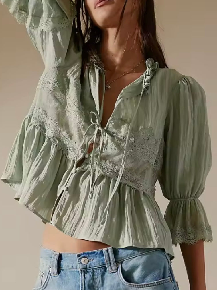 Solid colors lace and ruffled crop top