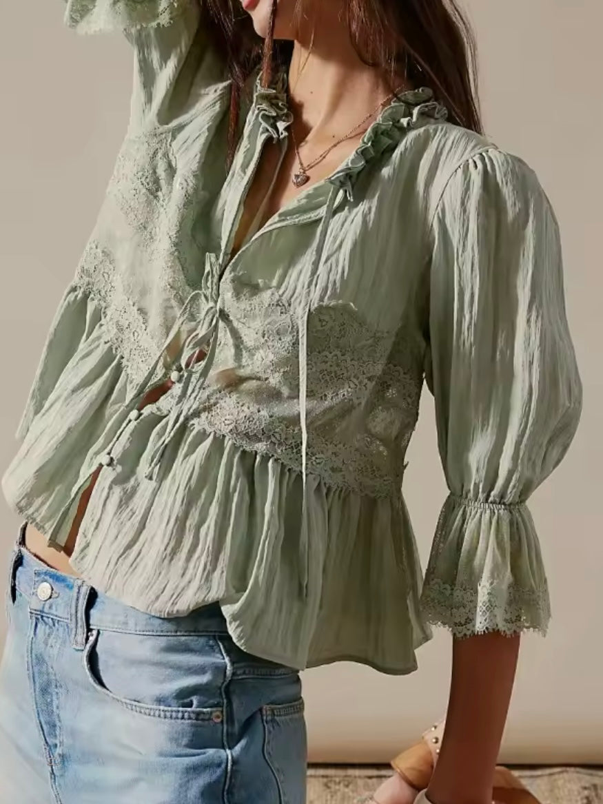 Solid colors lace and ruffled crop top