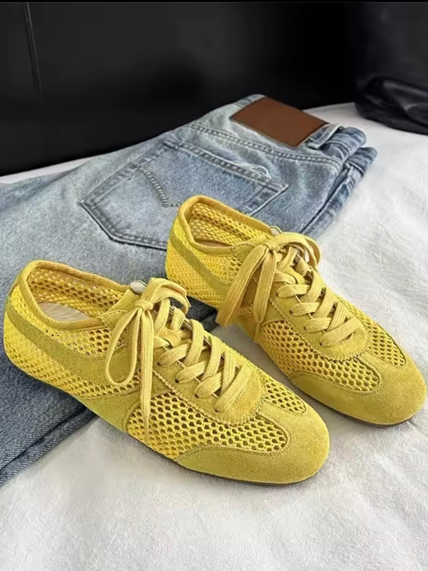 Ballet sneakers solid colors net lace up flats shoes