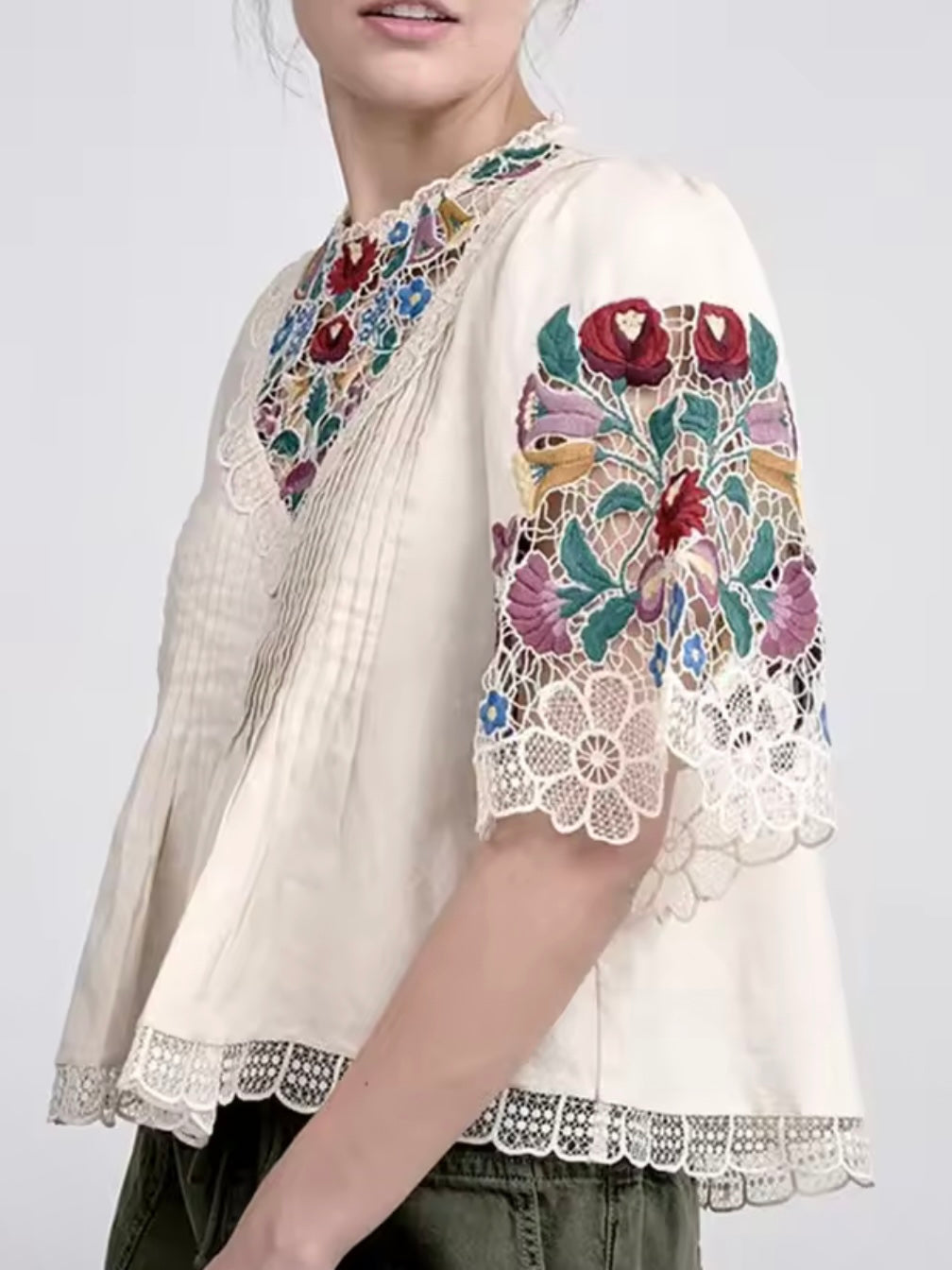 Off white floral embroidered shirt sleeves top