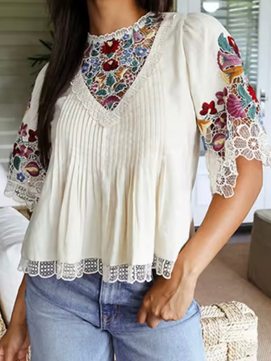 Off white floral embroidered shirt sleeves top