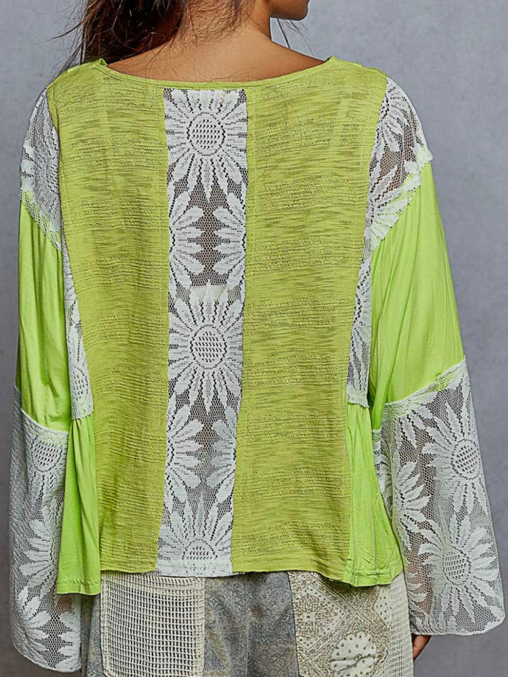 Neon green mix fabrics crochet details round neck top sweater