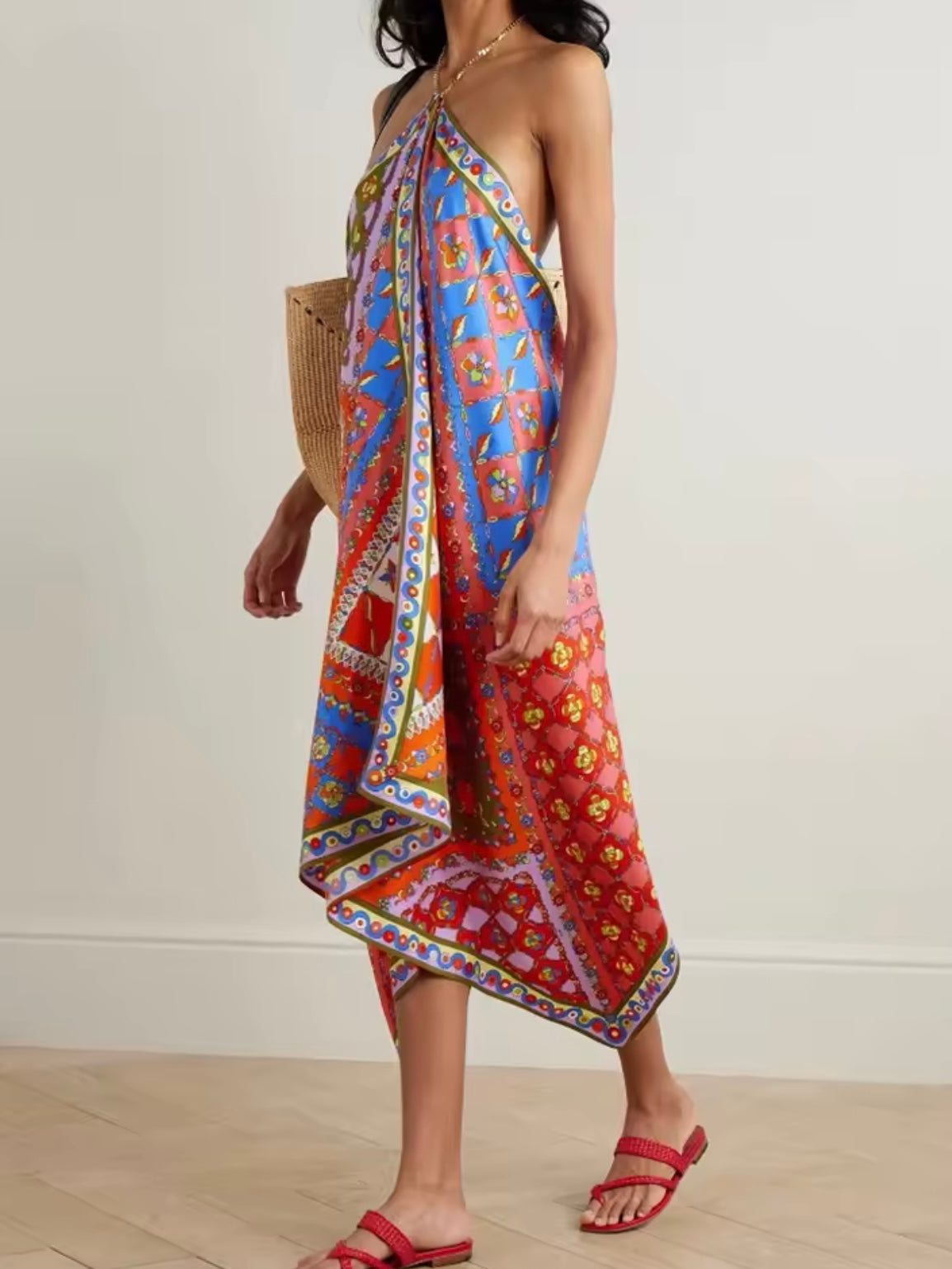 Red and blue printed midi dress
