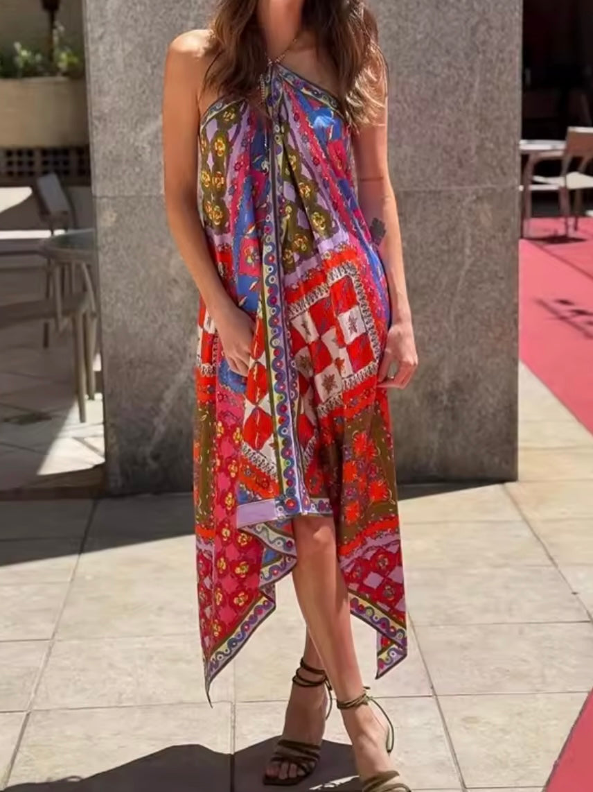 Red and blue printed midi dress